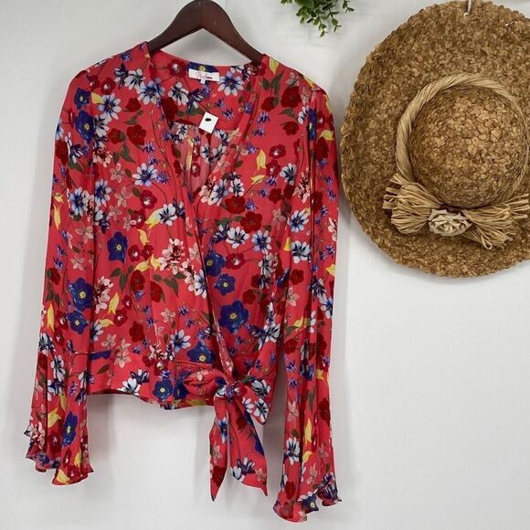 Parker Isabella Floral Wrap Flutter Bell Sleeve Silk Blend Feminine Blouse Small - Picture 1 of 16